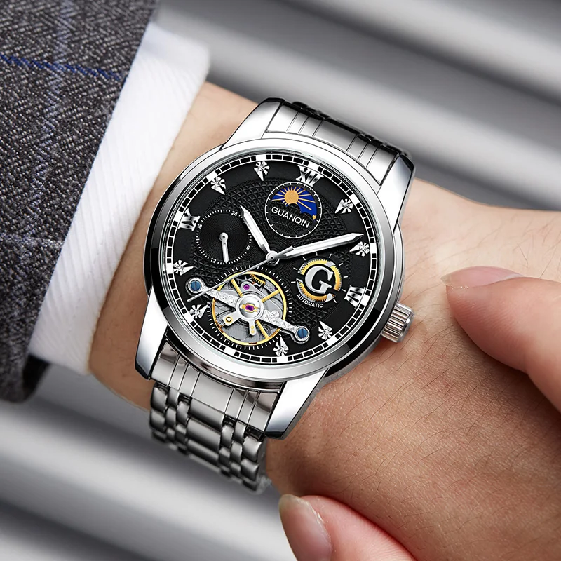 GUANQIN Mechanical Tourbillon Automatic men watch Luxury Waterproof Stainless steel Man watch Sapphire Luxury Moon Phase watches