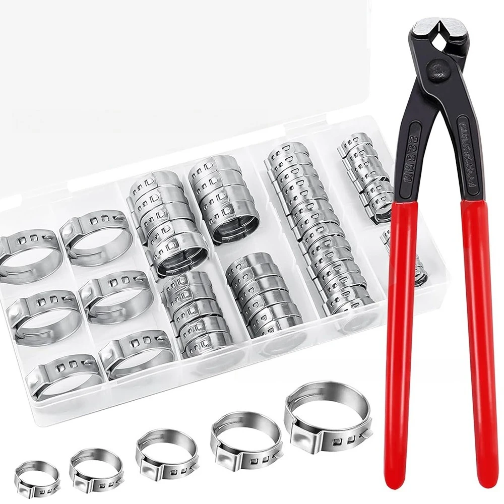 75PCS 304 Stainless Steel Single Ear Stepless Hose Clamp Kit With Special Clamp Pliers, Water Pipe Hose Clamps Assorted Sizes