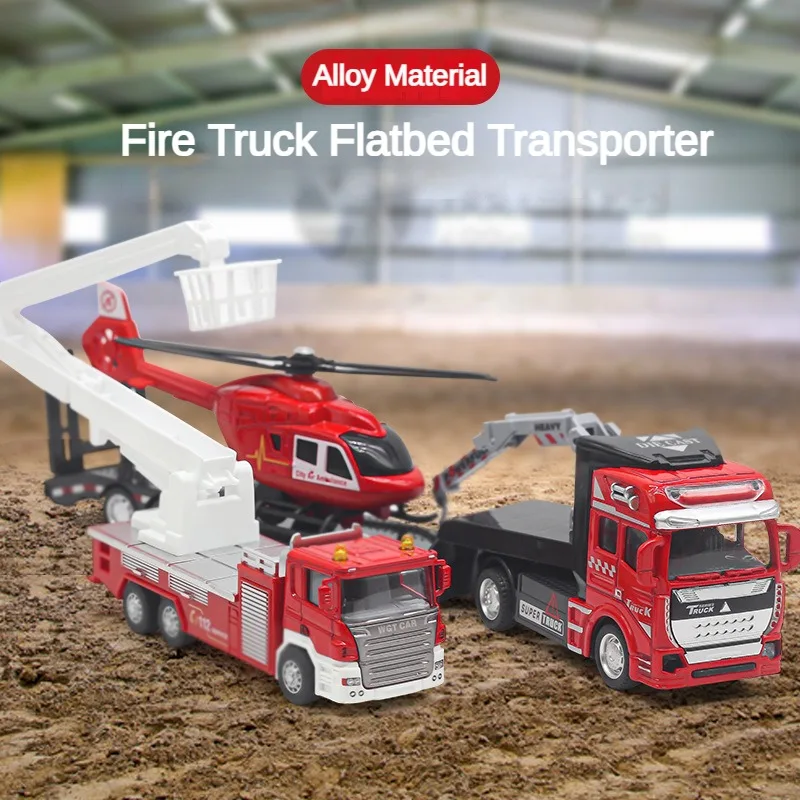 1:50 Alloy Fire Truck Flatbed Transporter Trailer Model Toys 33CM Rescue Vehicle Model Car Suitable for Collection