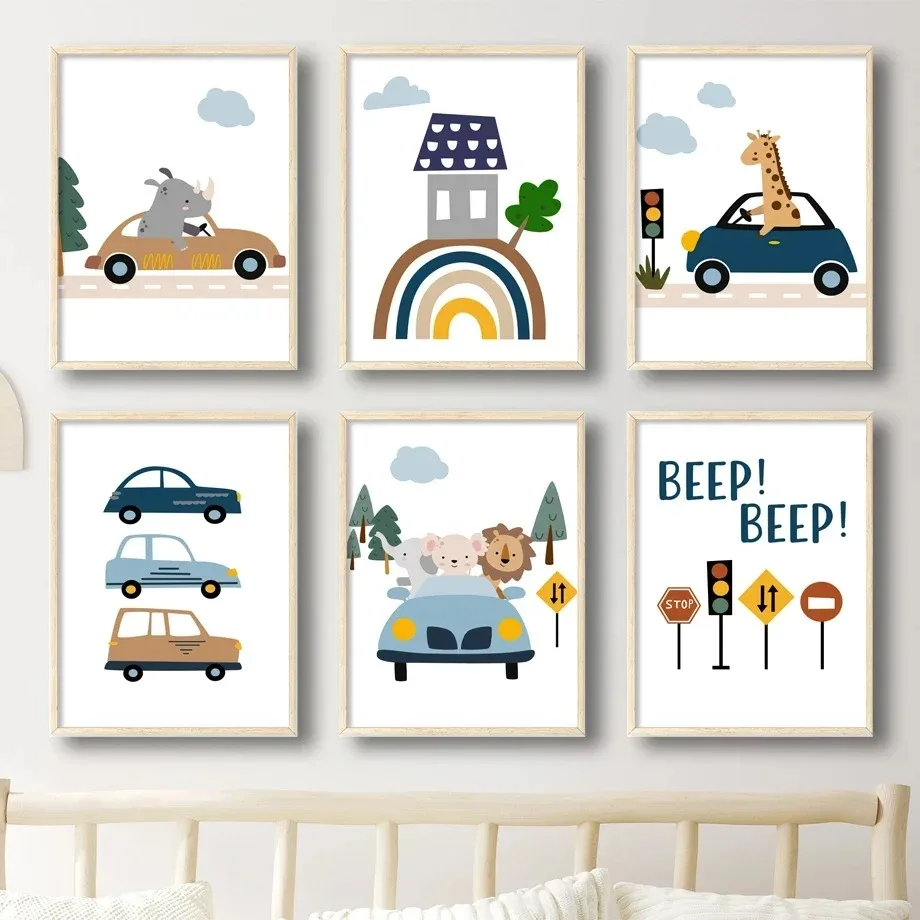 Giraffe Lion Rhino Car Rainbow House Animals Nursery Wall Art Canvas Painting Posters And Prints Wall Pictures Kids Room Decor