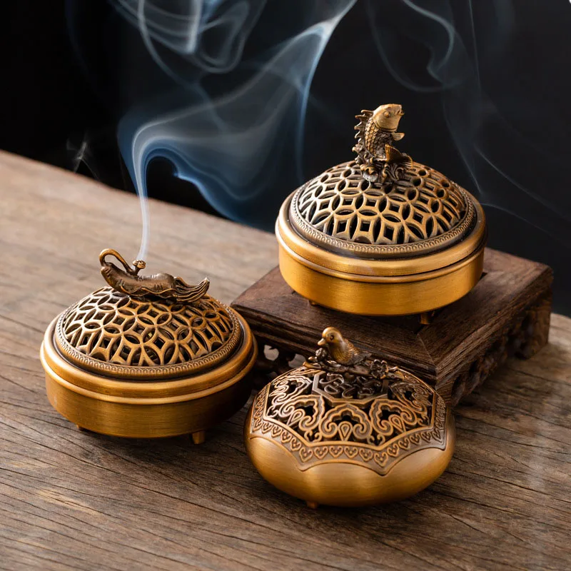 Retro Carp Three-legged Incense Burner Round Magpie Ginseng Shape Sandalwood Plate Incense Holder Home Study Room Ornaments