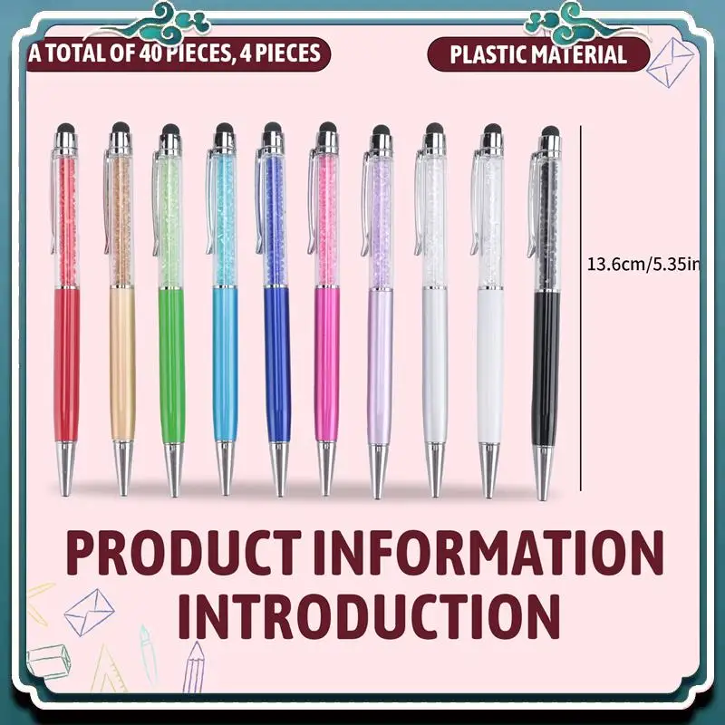 سهلة الاستخدام 40 قطعة قلم حبر جاف كريستال السائبة لامعة 2 في 1 سليم كريستال الماس شاشة القلم الأسود حبر جل حبر جاف بريق القلم