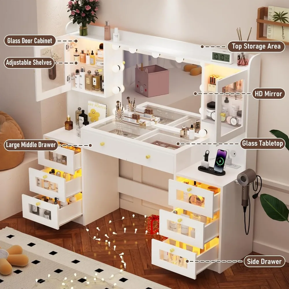 مكتب مكياج كبير مقاس 62 بوصة مزود بمرآة مضيئة وسطح زجاجي ومخرج طاقة وتخزين 8 أدراج