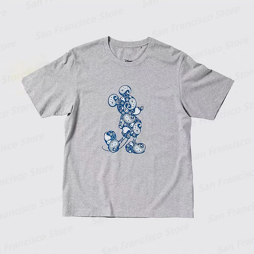 

Summer New Disney Mickey Retro Blue Print Pattern Boy And Girl Casual Comfortable T-shirt KID/Adult Short Sleeves Street Style