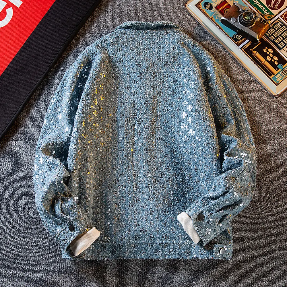 Sequin Denim Jacket Men's Luxury Streetwear Shiny Cowboy Coats Loose Casual Single-breasted Long Sleeve Spring Autumn Jacket