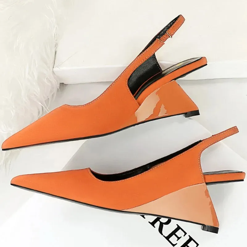 BIGTREE Korean Women Orange Green 6.5cm High Heels Wedges Slingback Sandals Designer Pointed Toe Back Strap Pumps Party Shoes