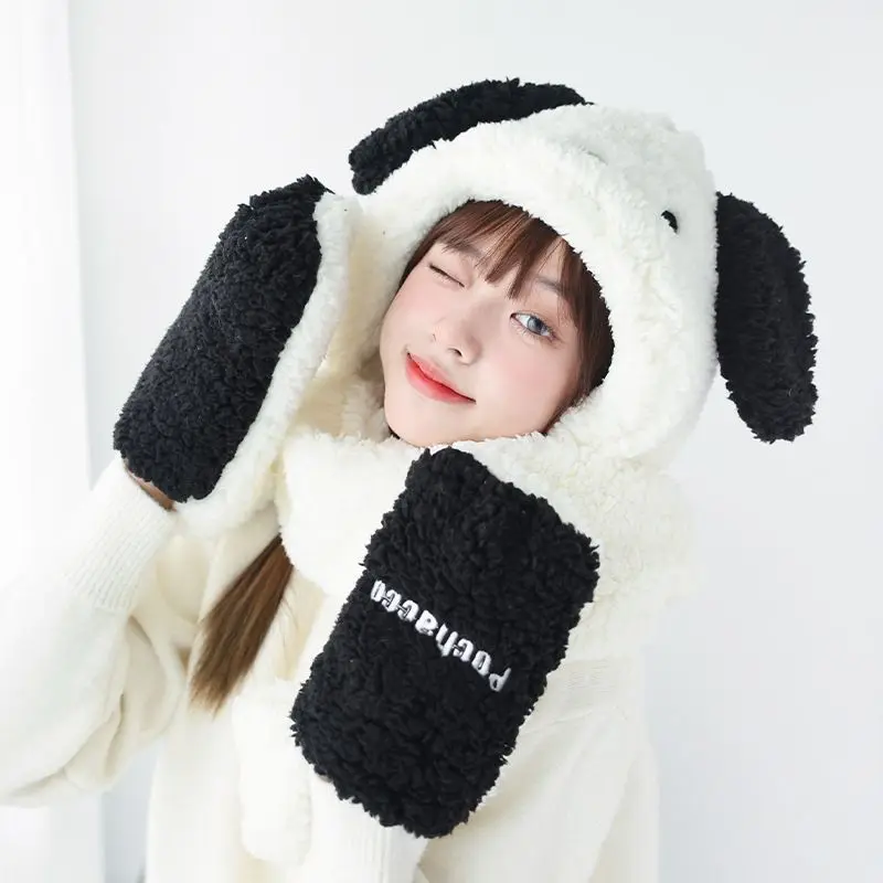 Sanrio Kuromi Aldult Plush Scarfs Hat Warm 3pcs Set Kawaii Ins Gloves Scarf Hat Coldproof Warm Beanie Kawaii cute Hat Girl gift