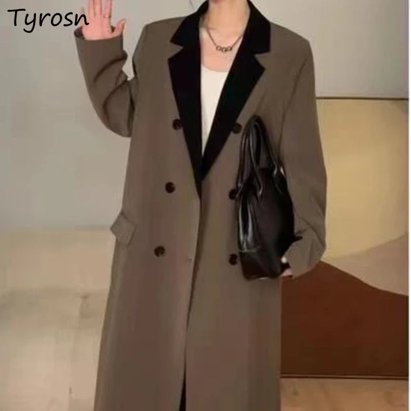 Long Trench for Women Double Breasted Korean Style Loose Fashion Coats Spring Simple Leisure Tender Elegant Pockets Students