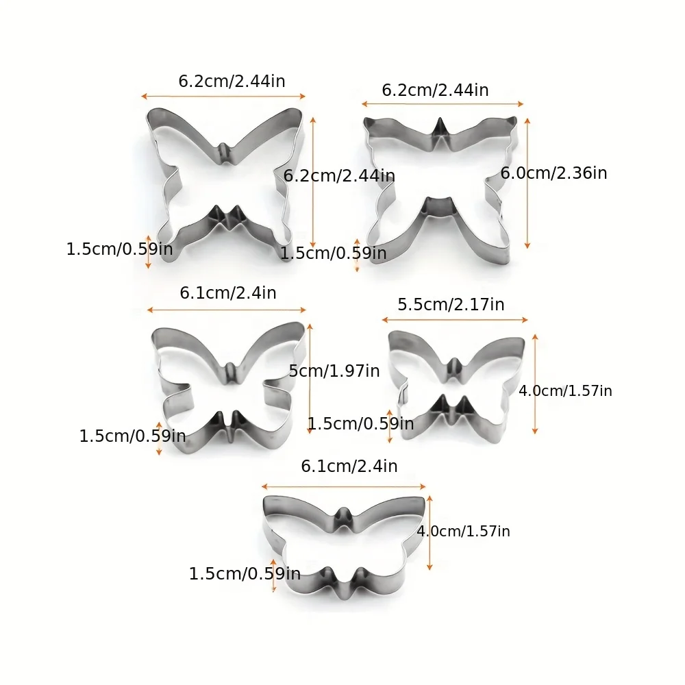 Set (5pcs) of Stainless Steel Butterfly Cookie Molds 5-piece Set of Three-dimensional Cookie Molds