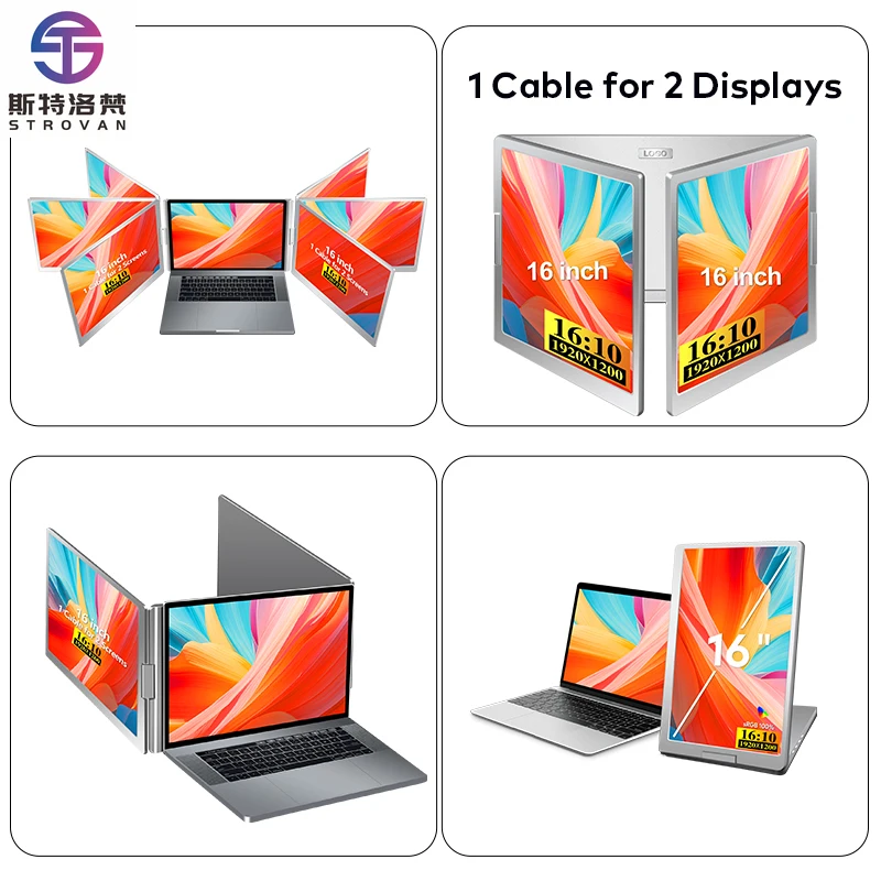 

1 Cable for 2 Displays Big Size 16 Inch Triple Screen Display Portable for Wins/(M1 M2 M3 M4 )