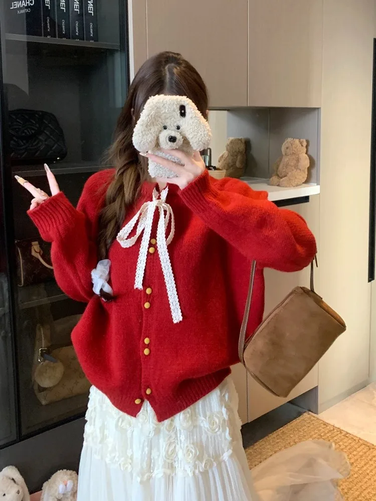 

plus Size Soft Cozy Knitted Sweater Coat Women Winter New Fashion Youthful Loose Lace Belted Open Cardigan Korean Style Commute