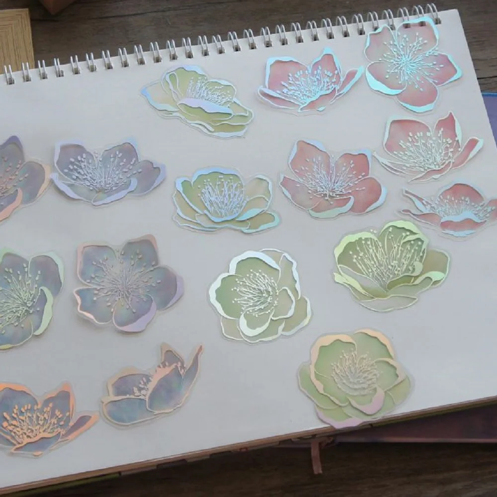 18pcs Crystal Laser Line Light Color Flower Design PVC Sticker Scrapbooking DIY Gift Packing Label Decoration Tag