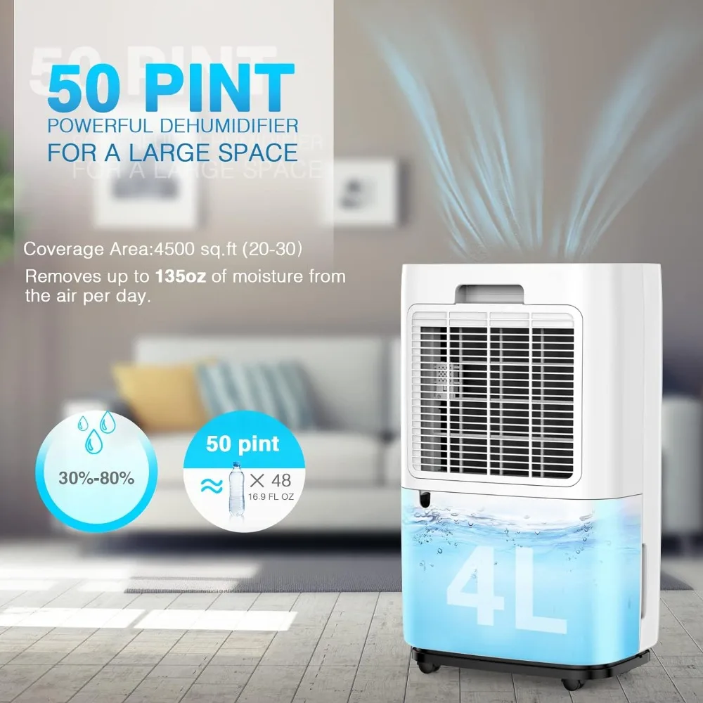 HUMILABS Dehumidifiers for Large Room or Basements, 50 Pint for 4500 Sq.ft Dehumidifier with 135oz Water Tank,