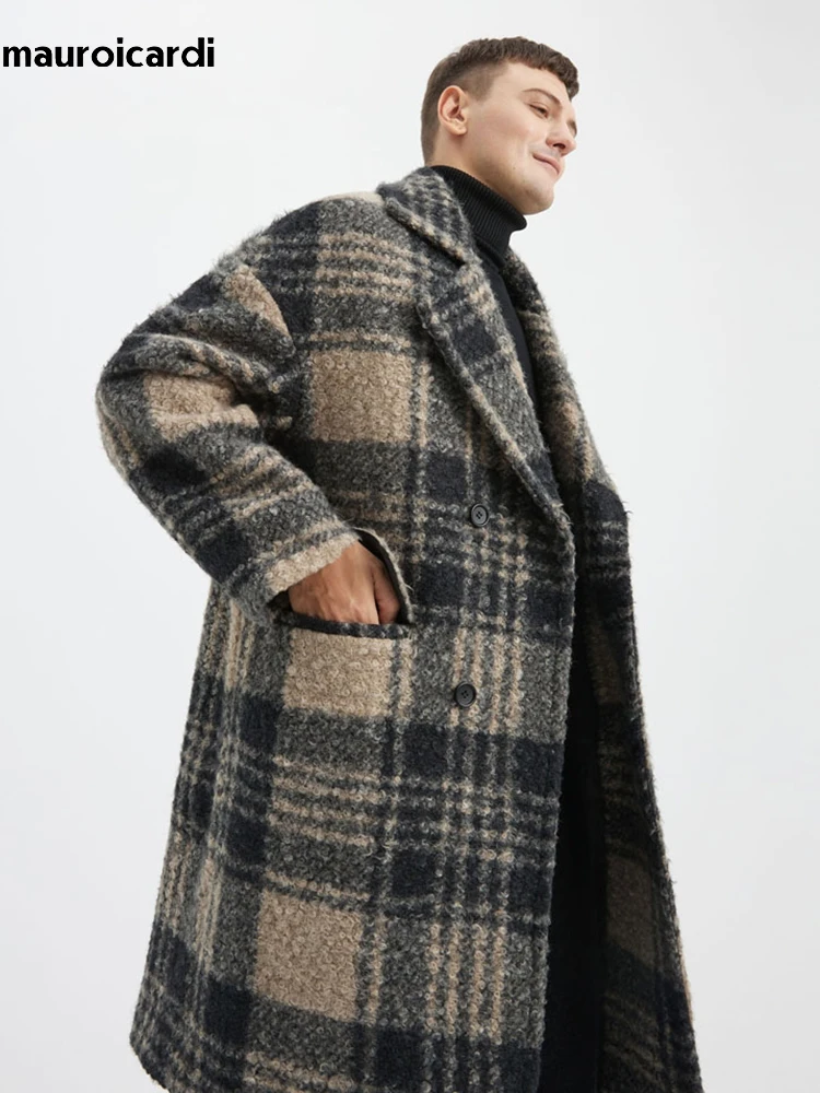 Mauroicardi Autumn Winter Long Loose Stylish Thick Warm Colorful Plaid Wool & Blends Coat Men Double Breasted Runway Fashion