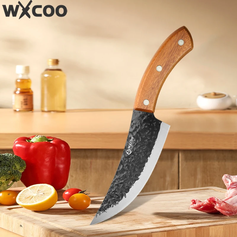 Cuchillo de cocina forjado a mano WXCOO para uso doméstico, cuchillo de chef con mango ergonómico de madera, cuchillo de carnicero para deshuesar y cortar carne.