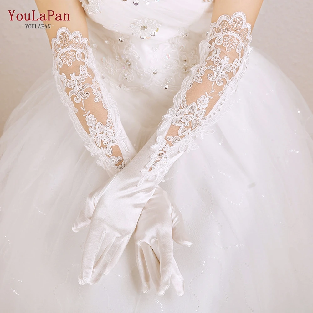 YouLaPan M06 1 Pair Bride Gloves Wedding Gloves Beaded Satin Elegant for Women Finger Gants Party DIY Gloves Bride Accessories