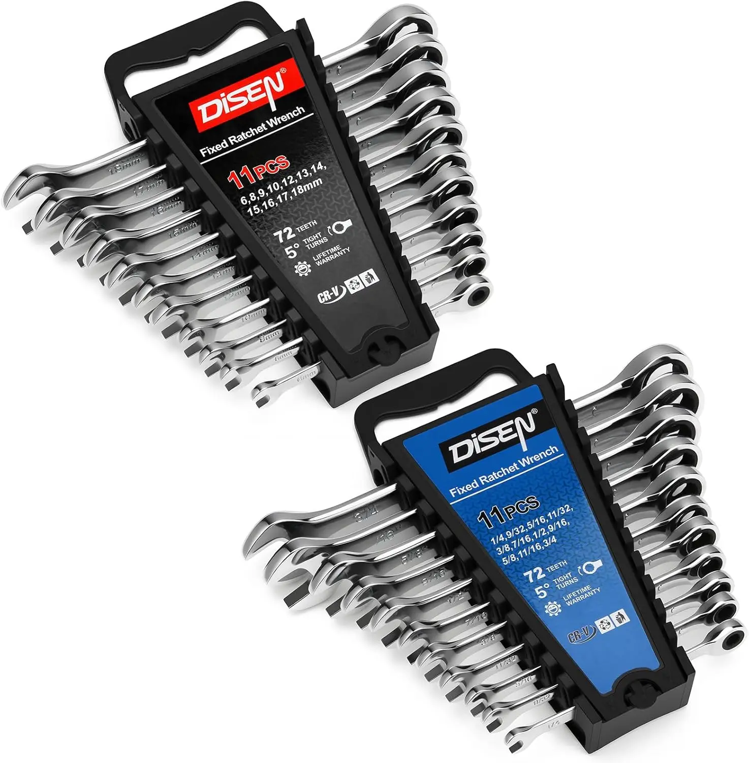 

22-Piece Ratcheting Wrench Set with SAE & Metric Sizes, 1/4" to 3/4" and 6-18mm, CR-V Steel, 12-Point 72-Teeth Design