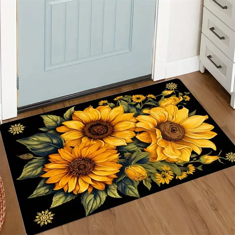 Mediterranean Style Lemon Branch Kitchen Rug  Yellow Lemon Flower Pattern Anti Slip Stain Resistant Indoor Kitchen Runner Mat
