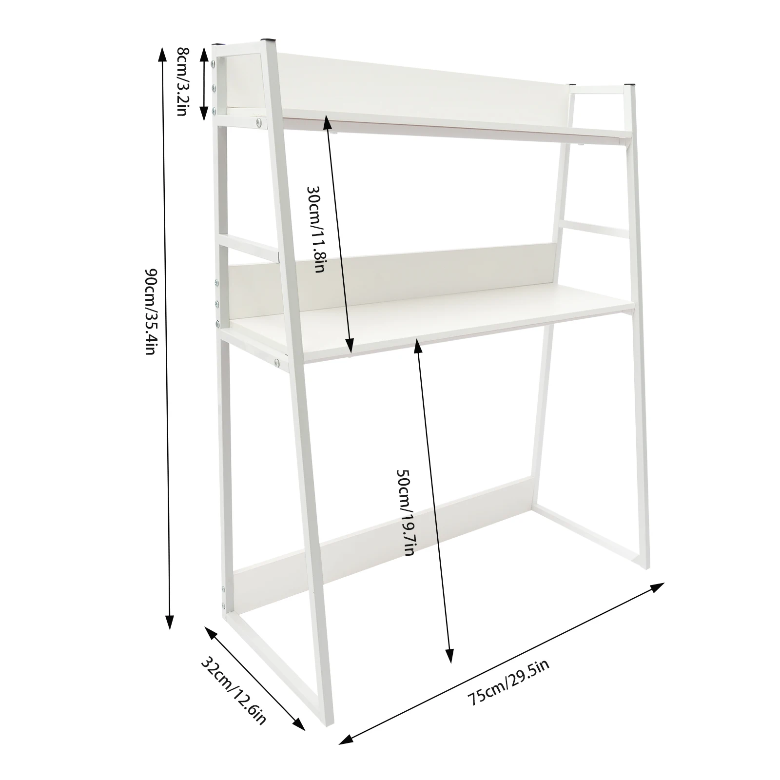 White MDF Wrought Iron 75x32x90cm Trapezoidal Desktop Bookshelf Double-layer Large-capacity Storage Desktop Shelf