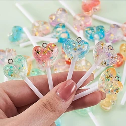 10Pcs  Resin Glitter Hearts Shaped Lollipop Charms Imitation Sweet Candy Food Pendants for Earrings Necklaces DIY Jewelry Making