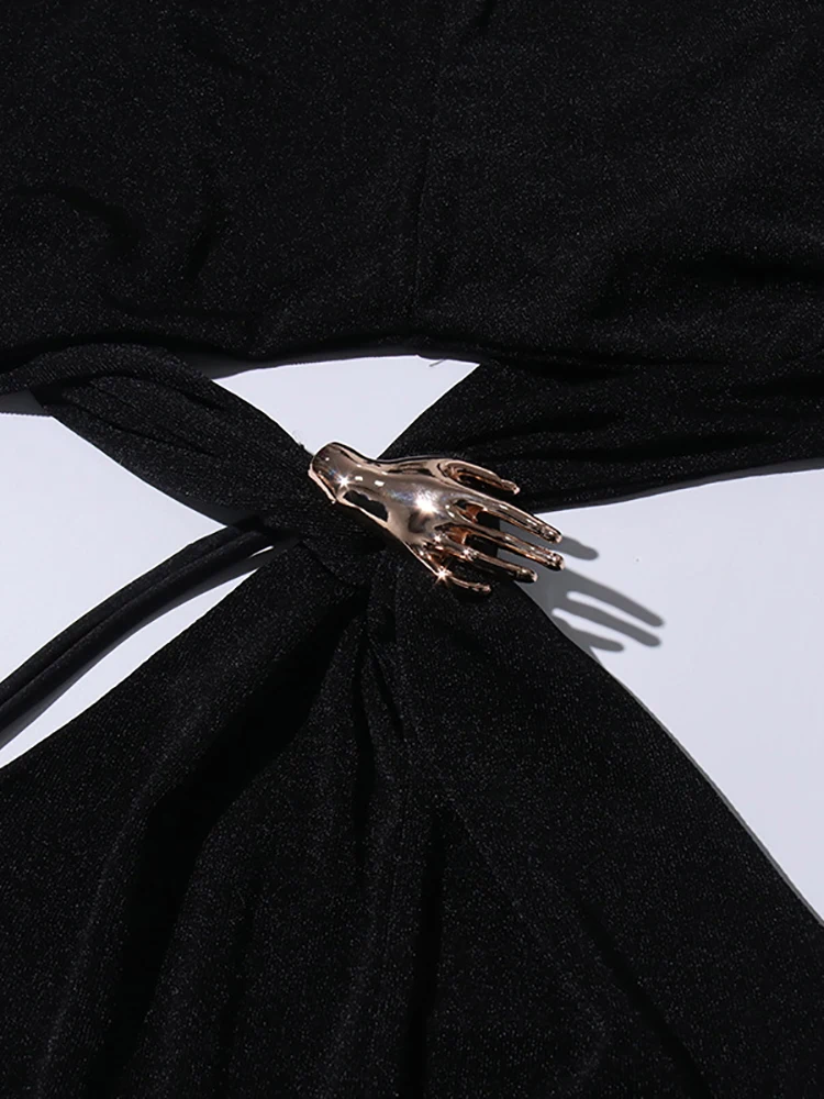 Abito lungo patchwork di fiori 3D con design sexy con cappuccio Abito lungo da donna nero senza maniche senza schienale Meatl Pin a mano Abiti aderenti da sera