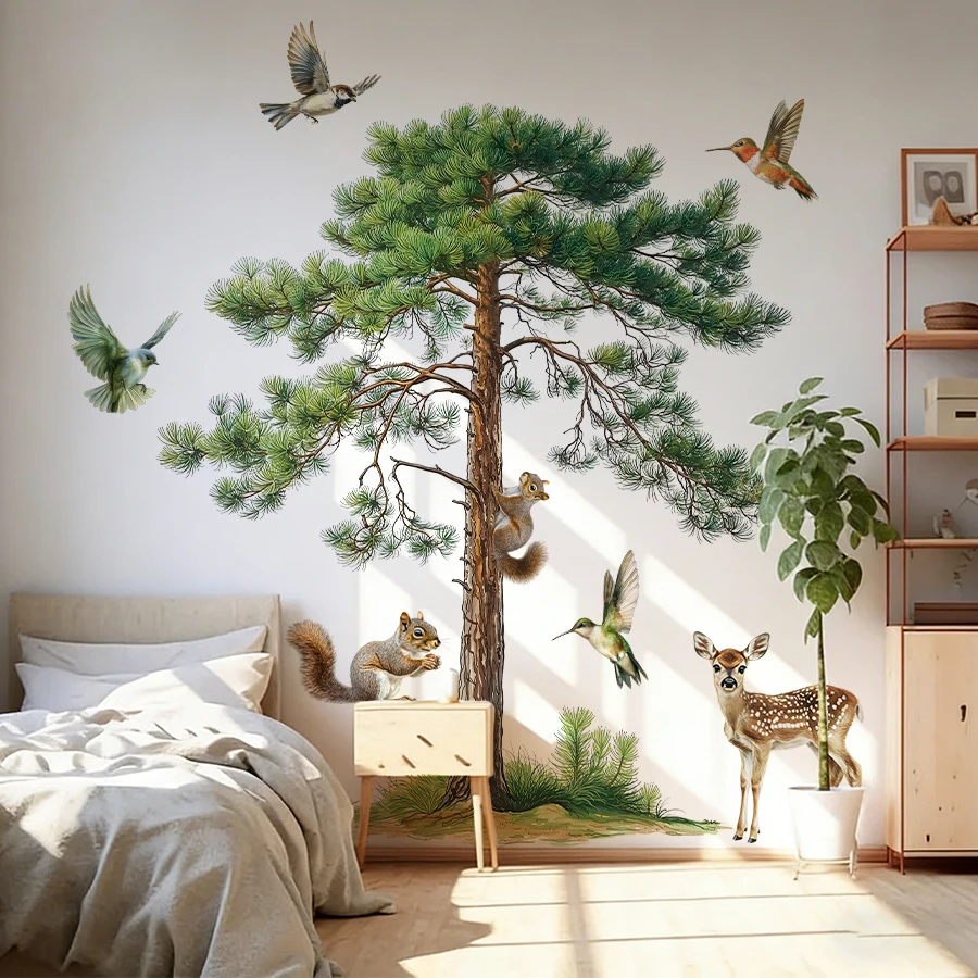 3-teiliges Tier-Wanddekor-Set für Kinderzimmer, Kinderzimmer-Wandaufkleber mit Eichhörnchen, Reh und Vögeln, abnehmbare und selbstklebende Natur-Kunstdekoration