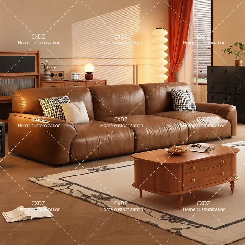 French retro leather sofa Italian minimalist living room three people straight row small apartment brown medieval oil wax