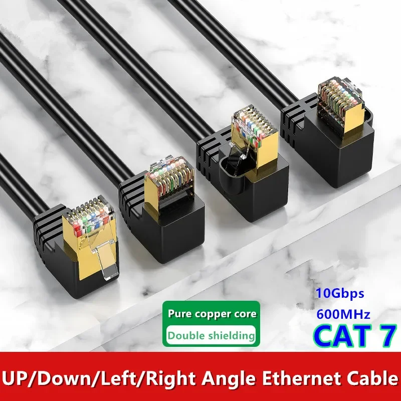 Cat7 kabel Ethernet przewód Lan SFTP RJ45 kabel sieciowy kąt 90 stopni dla kompatybilnego Patch Cord do komputera Router Laptop