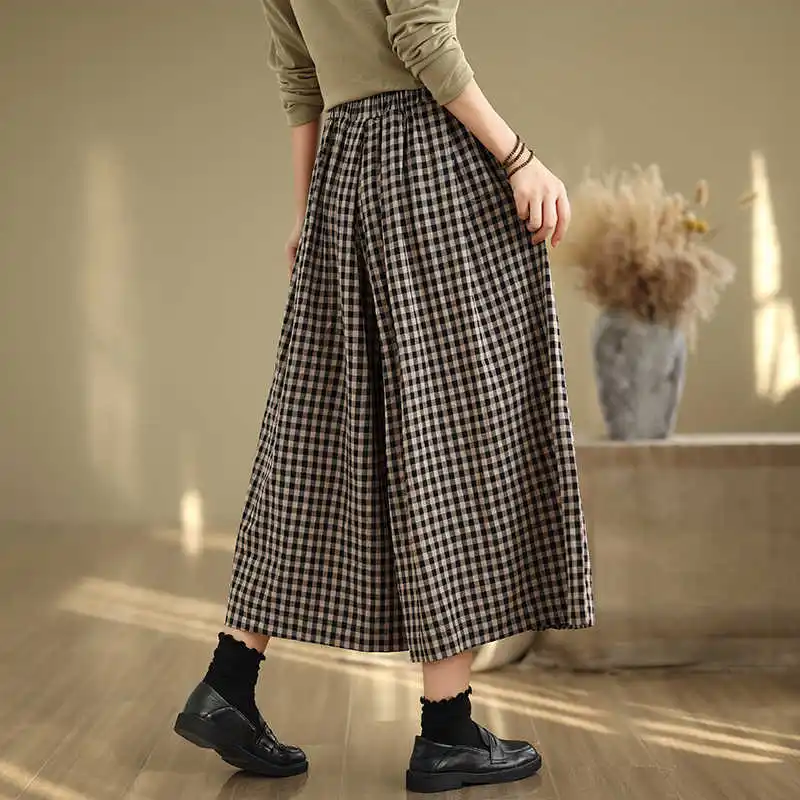 716 Spring Summer Elegant Vintage Style Plaid Pants For Women Elastic High Waist Loose Casual Wide Leg Female Trouser Clothing