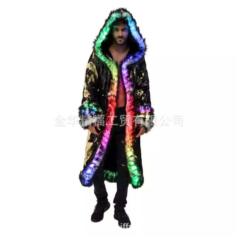 

Men Jacket Faux Fur Sequins Hooded Outerwear Patchwork LED Costume Long Coat Fluffy Warm Winter Stage Dance Party Cosplay