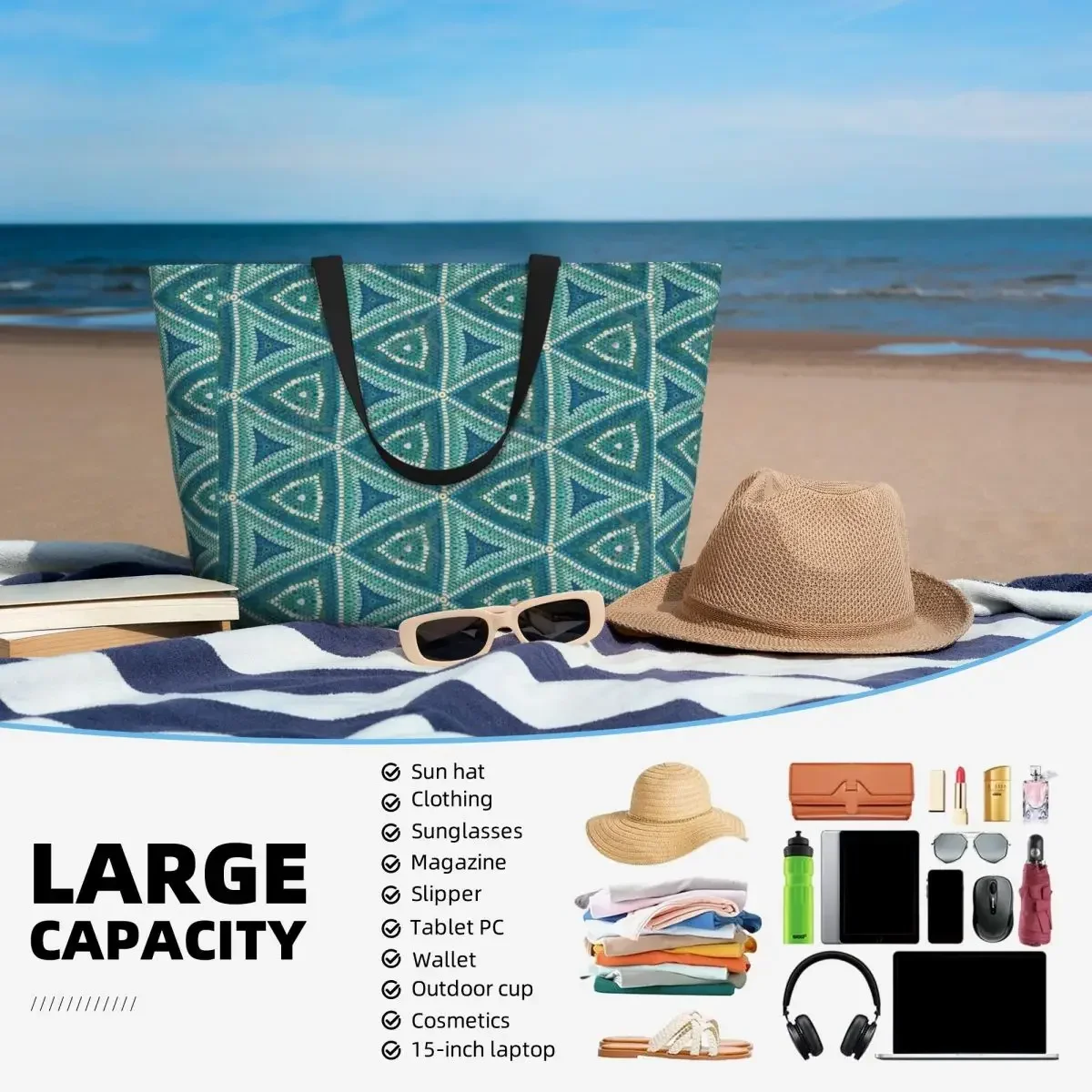 Saco de viagem praia mosaico grego, sacola elegante, sacola de compras diária, presente de aniversário, padrão multiestilo, verão