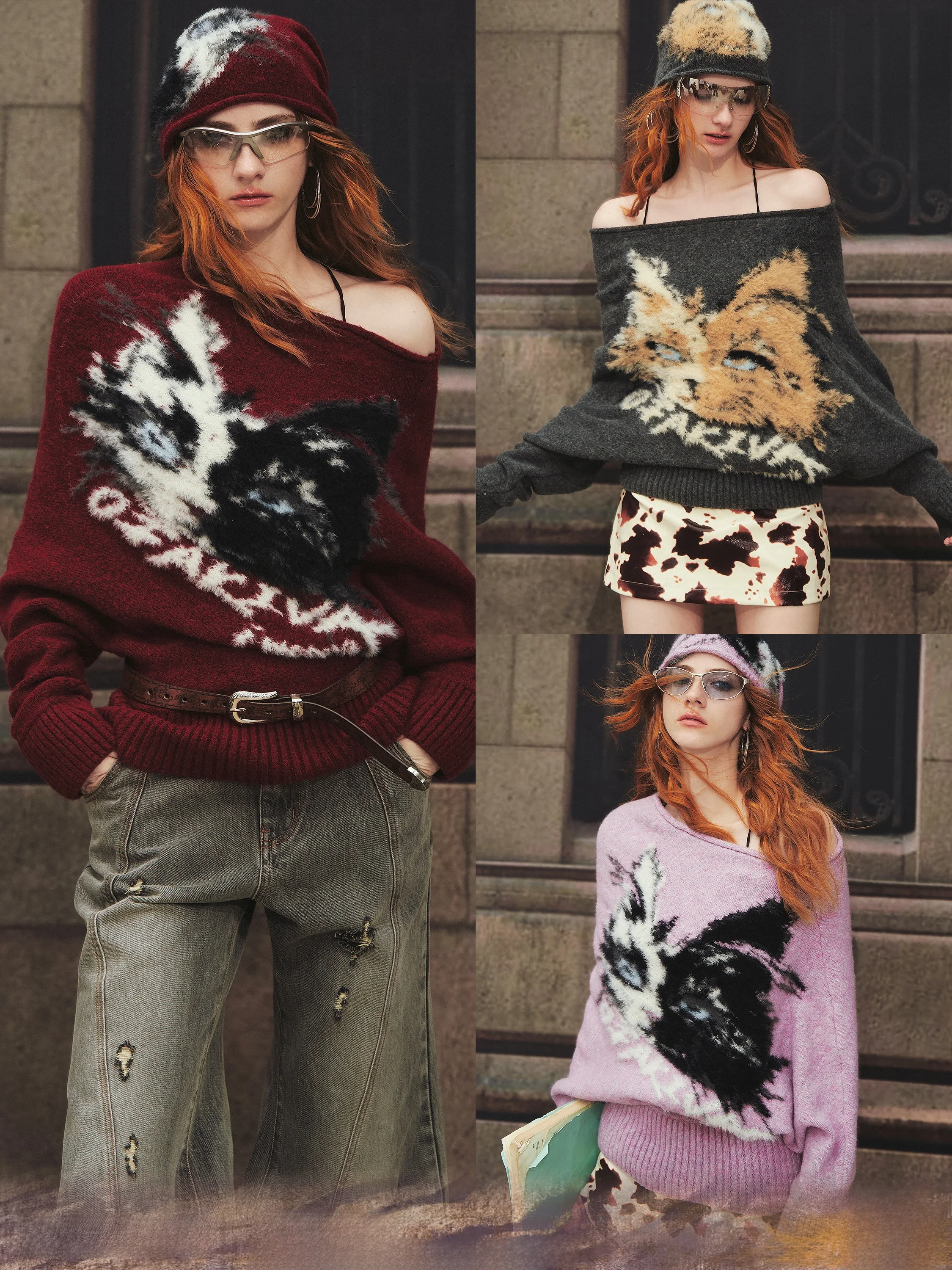 

Lazin Sle Lion Patterned Long Sve Loose Women's Sweater OfAkiva Original Design Faux Fur oulder Printed Warmth ...