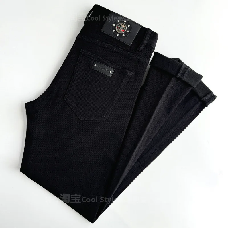 

High end trendy brand with thick velvet black jeans, men's stretch slim fit, small feet, winter warmth, light luxury pants