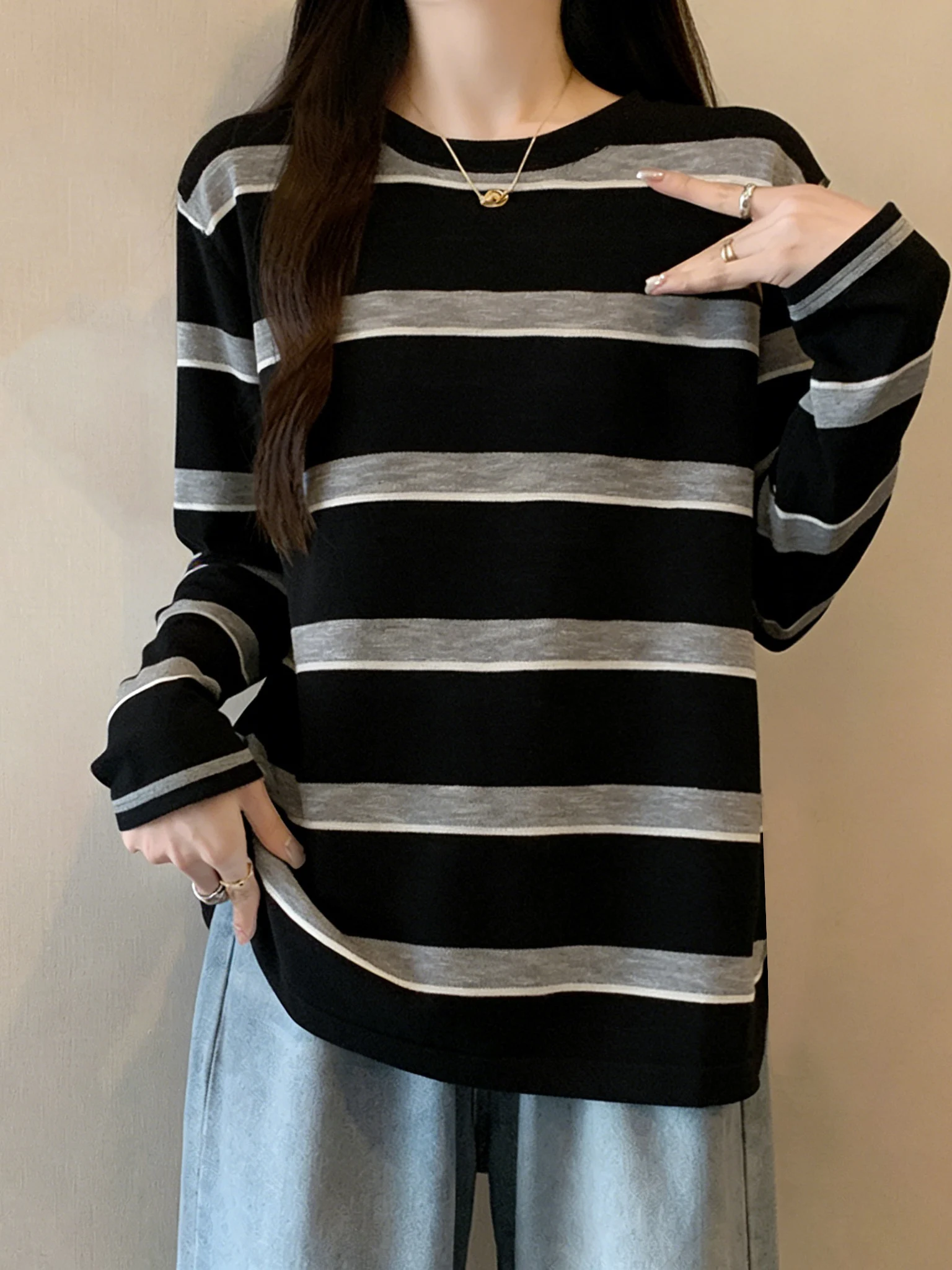 Black Stripe Long Sleeve T-Shirt Women's plus Size Slimming Belly Covering Base Shirt Top Korean Style Commute Fashion