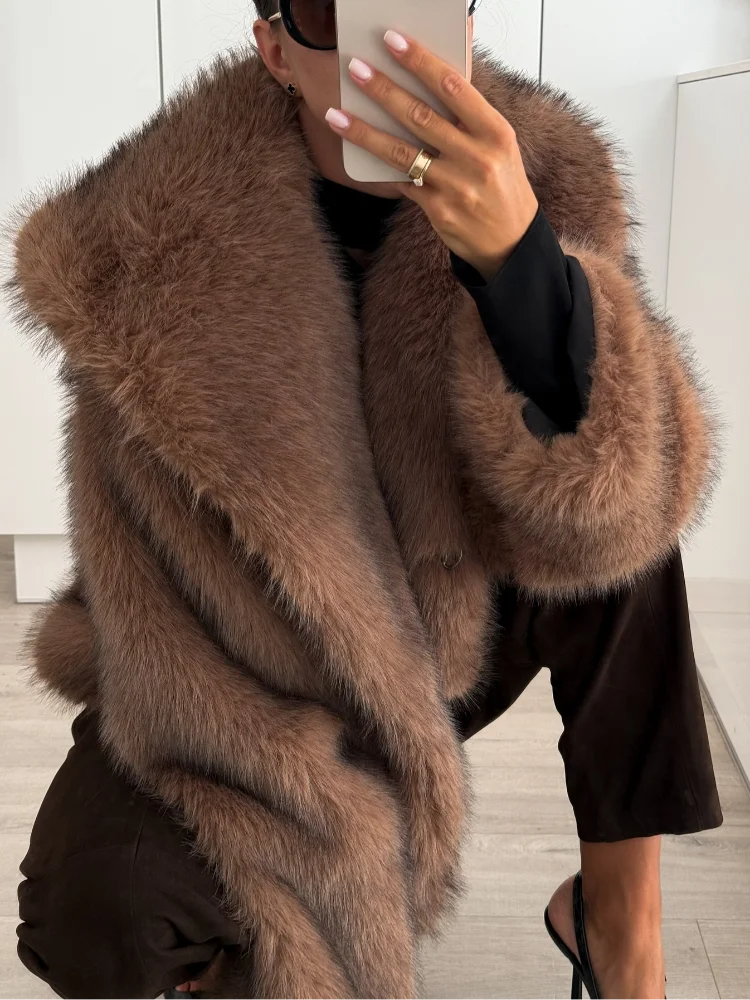 Women Winter Brown Thick Faux Fur Coat Casual Big Lapel Loose Full Sleeve Flurry Warm Jacket 2024 Lady Vintage High Streetwear