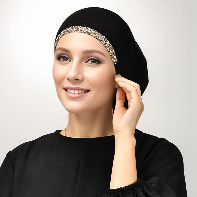 4/قطعة مشروط القطن حجر الراين Undercap بسط الحجاب عادي لينة بونيه المرأة المسلمة مرونة الحجاب الداخلي عمامة الإسلام underscarf