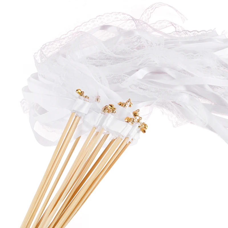 

White Ribbon Wands Fairy Sticks with Gold Bells Wedding Favors Lace Streamer Guest Gift heering Props Birthday Party Decoration