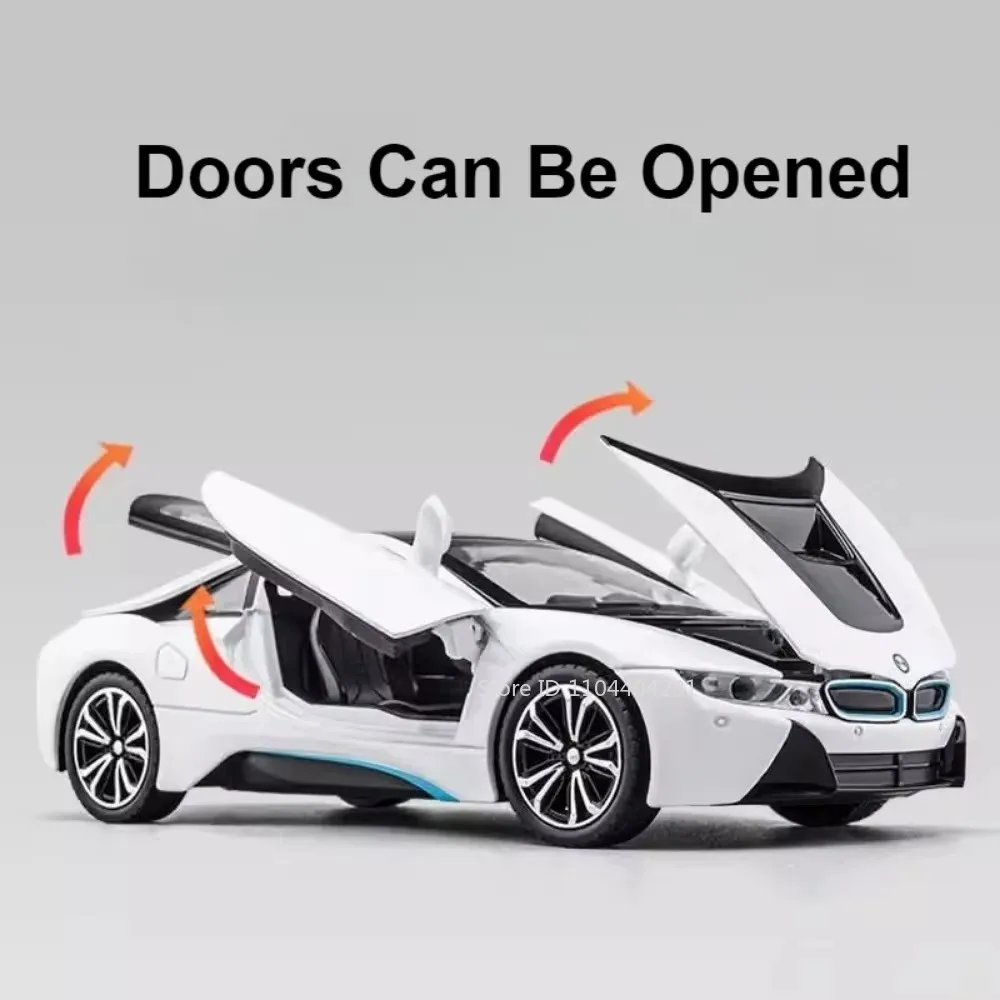 1:22 I8 MC20 نموذج سيارة خارقة مصغر دييكاست سبيكة سيارات لعب الأبواب مفتوحة ضوء الصوت التراجع نماذج حلية لهدايا الأولاد