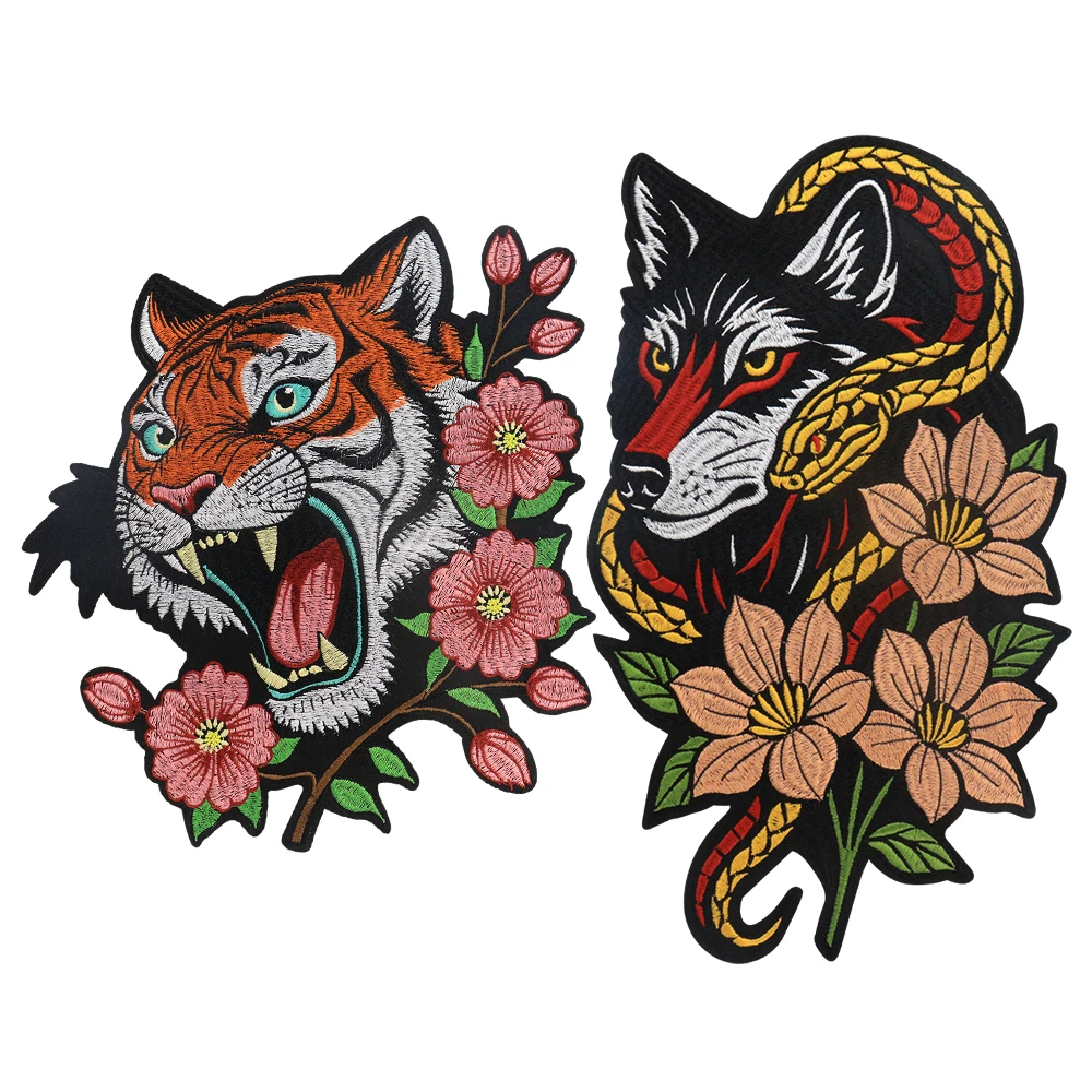 Blooming Flower Tiger Embroidered Wolf Snake Floral Iron on Patches DIY Jeans Jacket Clothing Applique Accessories