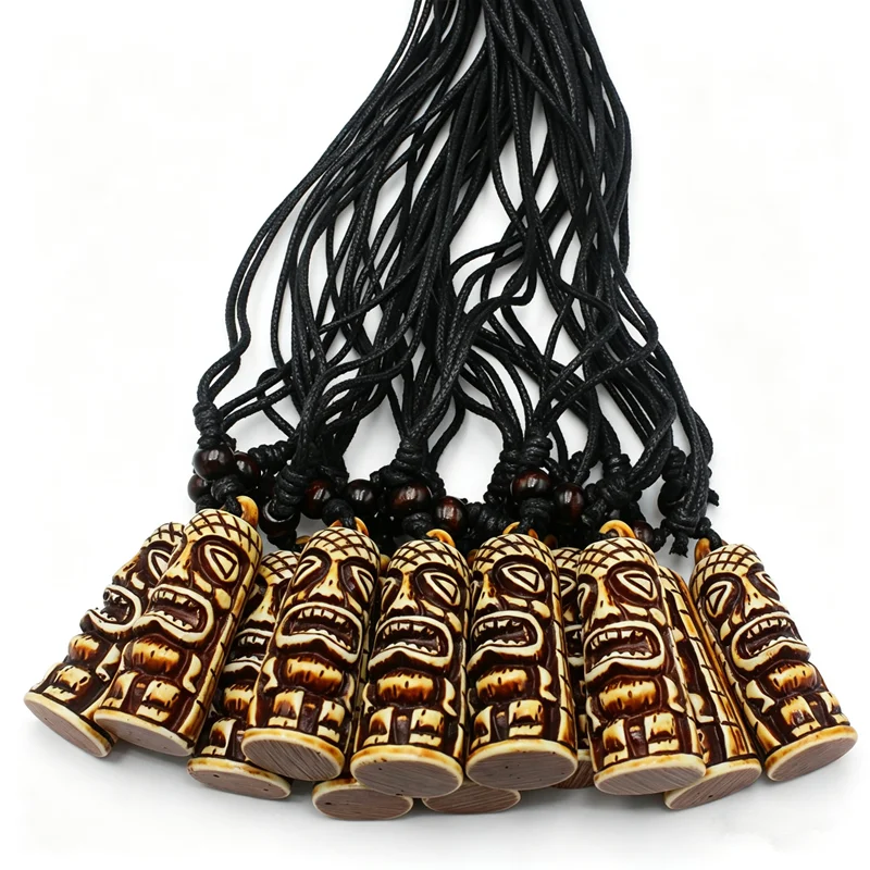 RUEMOY 12Pcs Resin Tiki Mask Pendant Necklaces Vintage Tribal Totem Adjustable Wax Cord Party Jewelry Bulk