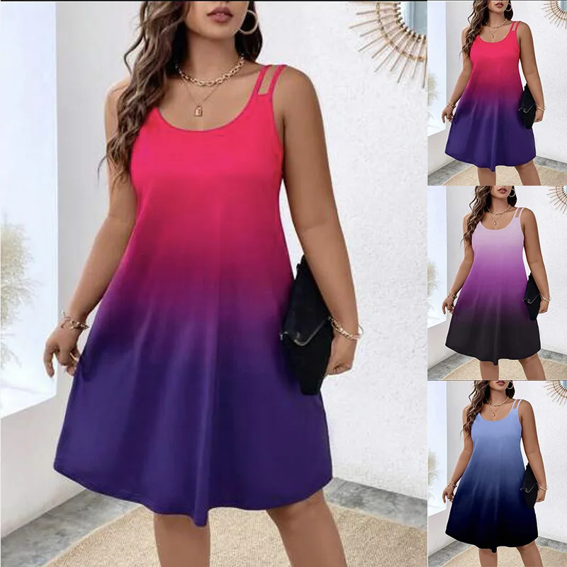 

Summer New Europe and The United States Women's Round Neck Gradient Printing Casual Halter Undershirt Dress Female