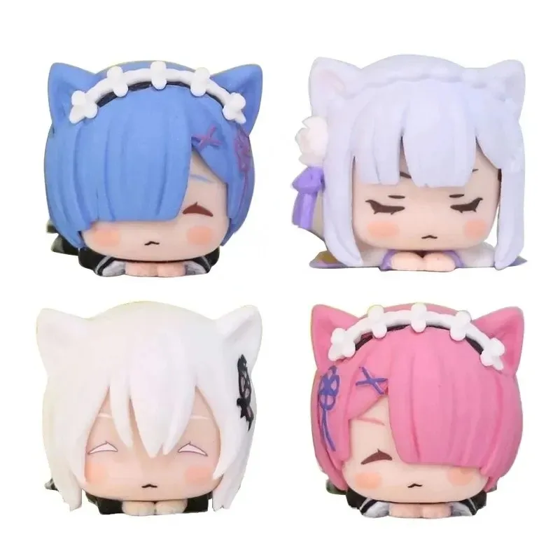 Figurine d'anime RE: ontari- Starting Life in Another World pour enfants, oreilles de chat mignonnes, jouet modèle couché, beurre en PVC, Kawaii, Rem, Emilia, 4cm