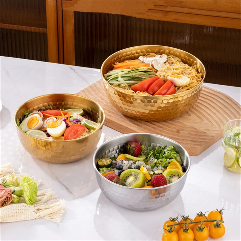 Stainless Steel Hammer Point Fruit Bowl Gold/Silver Tableware Kitchen Flour Egg Baking Mixing Basin Salad Bowls Food Container