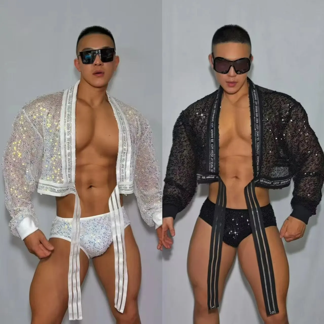 

Сексуальные прозрачные топы, шорты, Rave, ночной клуб, вечеринка, карнавал, шоу, мужская сценическая одежда, черно-белый наряд с блестками, костюм для танцев на пилоне
