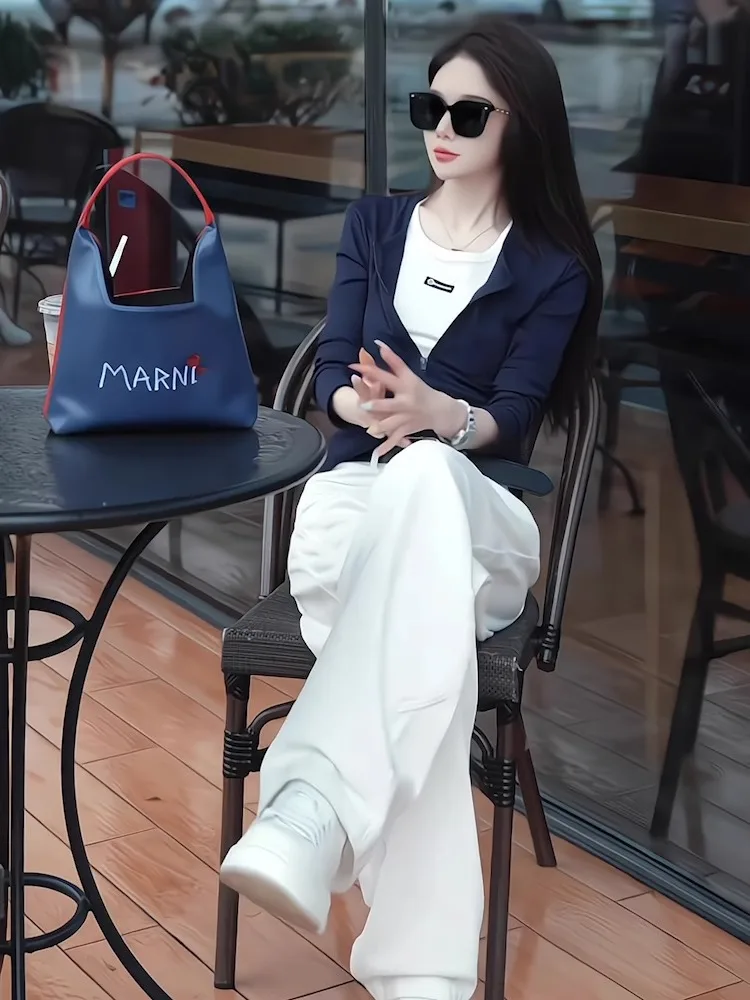 

High-End Casual Sportswear Set Women's Slimming Stylish Spring 2026 Two-Piece White Wide Leg Pants Cardigan Ensemble