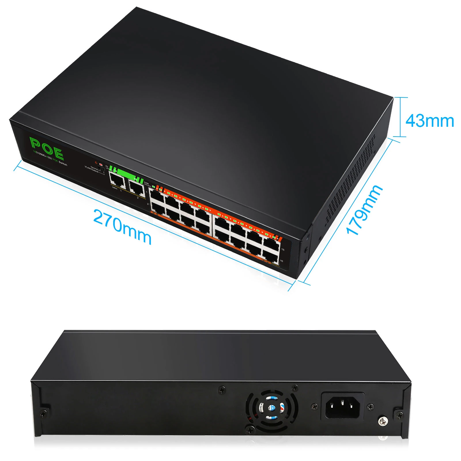 IENdepository-Commutateur Poe 1000 Mbps, réseau Ethernet Gigabit, 16 ports, PoE + 2 ports, alimentation 52V pour caméra IP, routeur WiFi