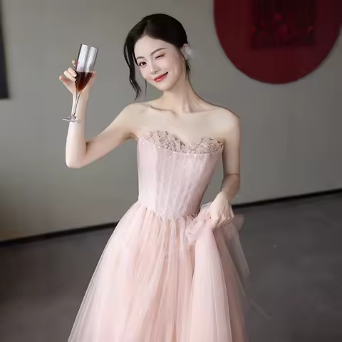 Strapless evening dress niche high-end student day banquet temperament host pink engagement dress bride