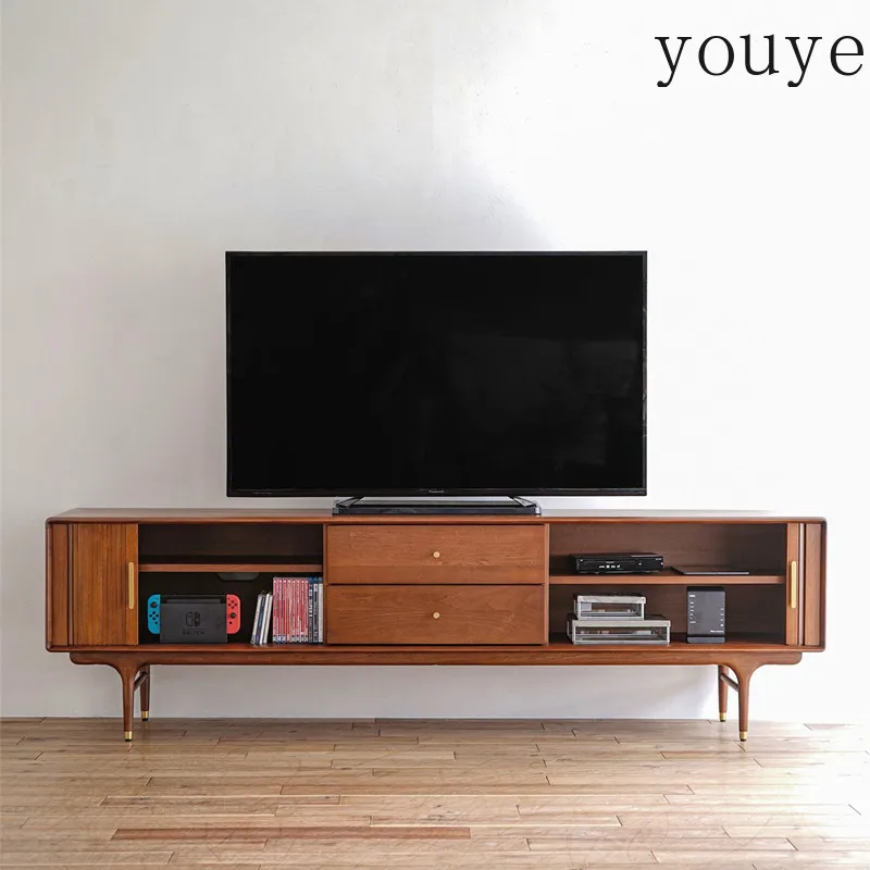 Medieval solid wood TV cabinet Nordic retro French wall cabinet Rolling shutter door Small apartment living room floor cabinet