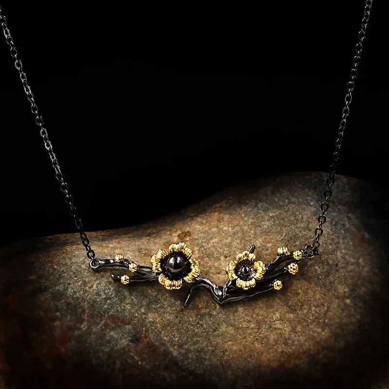 

925 Silver Retro Handmade Black Gold Small Daisy Plum Blossom Clavicle Chain For Ladies Party Birthday Jewelry Gifts
