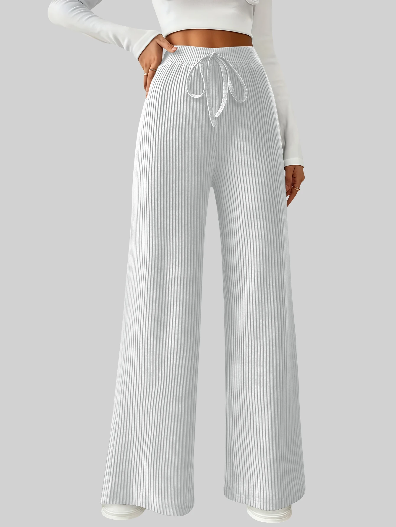 Einzelstück, einfarbig, einfach, vielseitig, lässig, elastische Taille, lange Damenhose, lässig, Basic-Stil, gestrickt, dehnbar, lockere Hose mit weitem Bein, mehrere Farboptionen